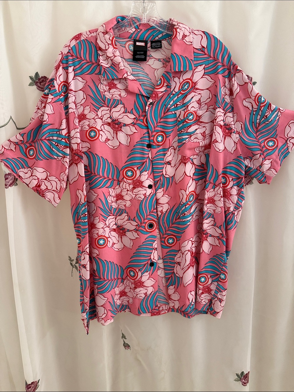 Marvel Pink Floral Button-Down with Blue Leaf Accents